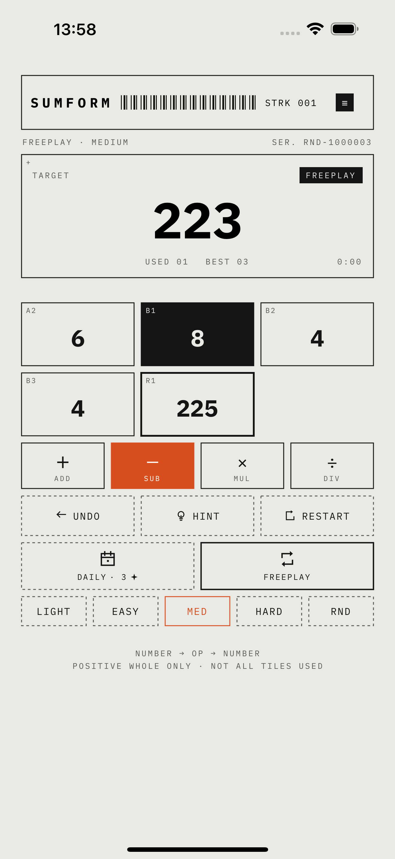 Sumform Freeplay in light mode with target 223 and a result tile of 225 selected for subtraction